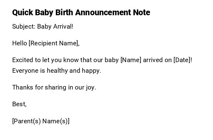 Quick Baby Birth Announcement Note