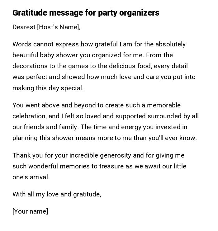 Gratitude message for party organizers