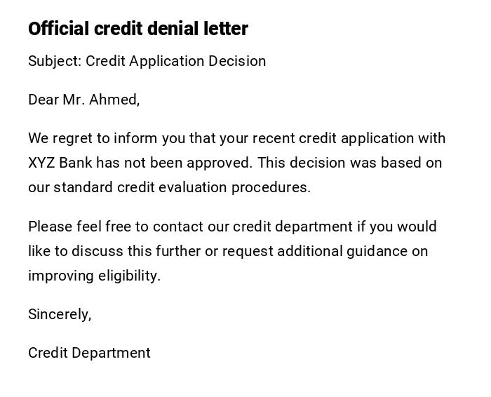 Official credit denial letter