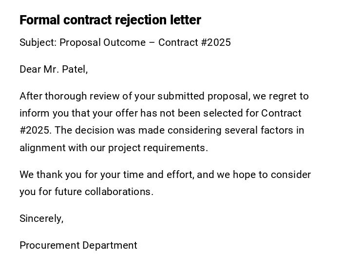 Formal contract rejection letter
