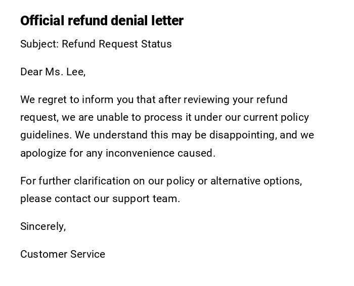 Official refund denial letter