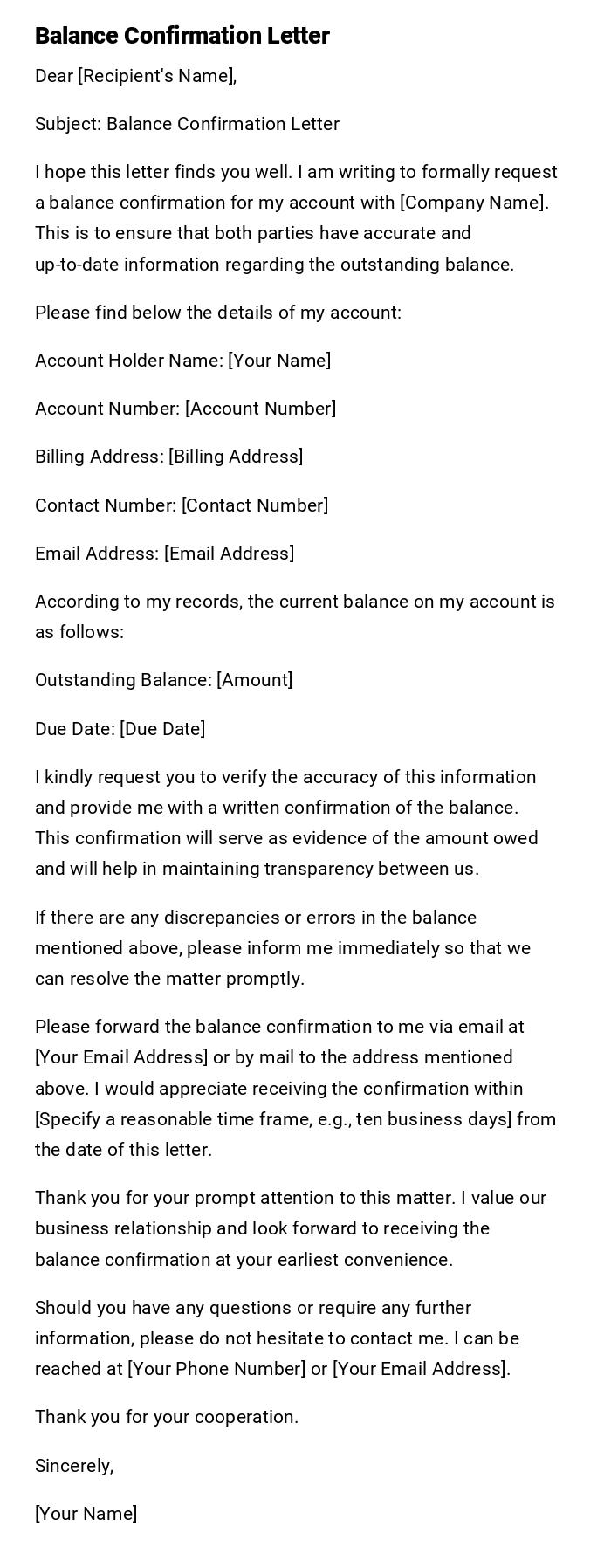 Balance Confirmation Letter Balance Confirmation Letter