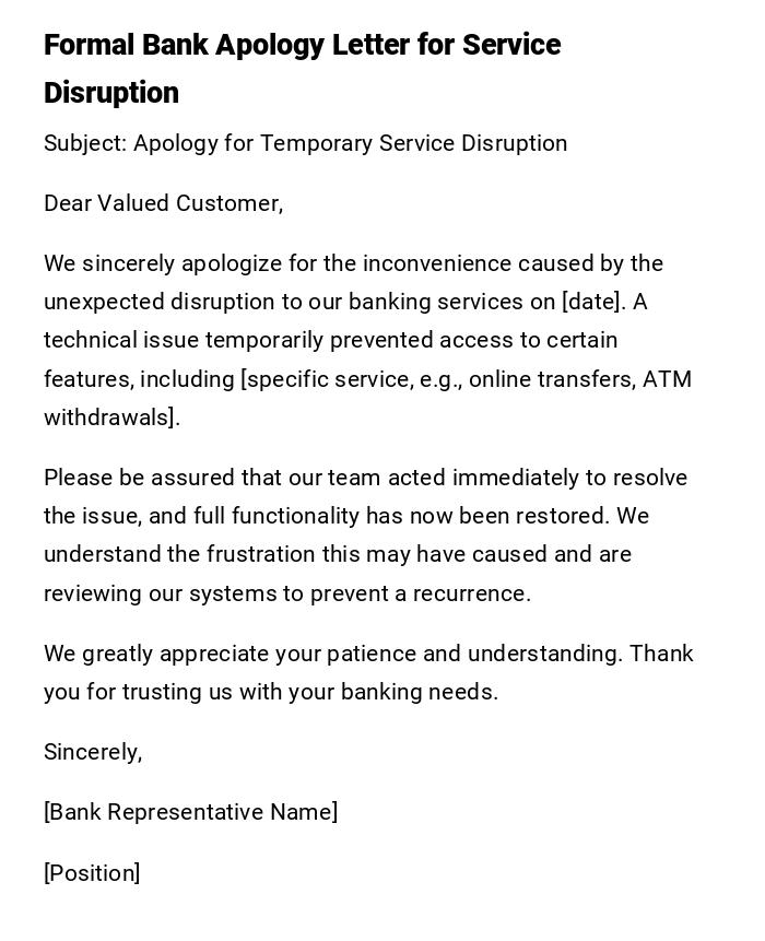 Formal Bank Apology Letter for Service Disruption