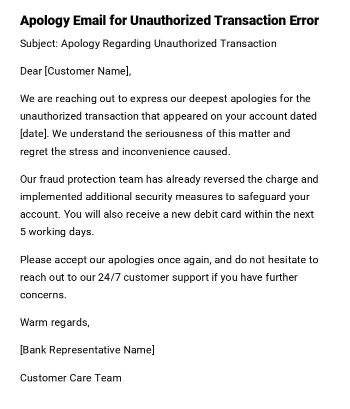 Apology Email for Unauthorized Transaction Error