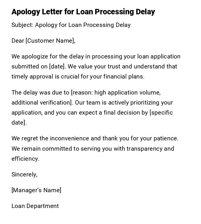 Apology Letter for Loan Processing Delay