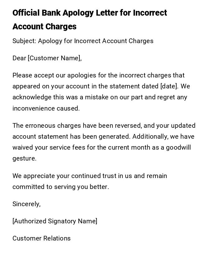 Official Bank Apology Letter for Incorrect Account Charges