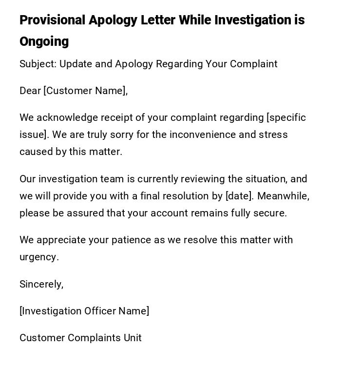 Provisional Apology Letter While Investigation is Ongoing