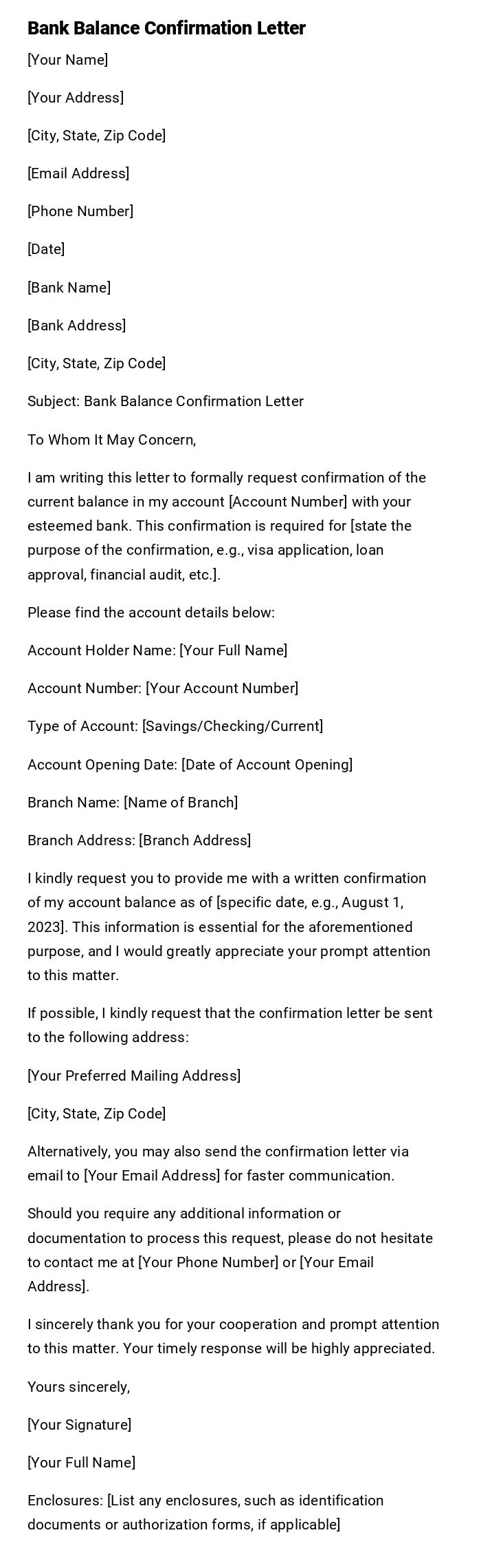 Bank Balance Confirmation Letter Bank Balance Confirmation Letter