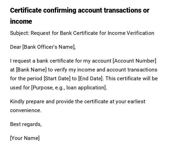 Certificate confirming account transactions or income