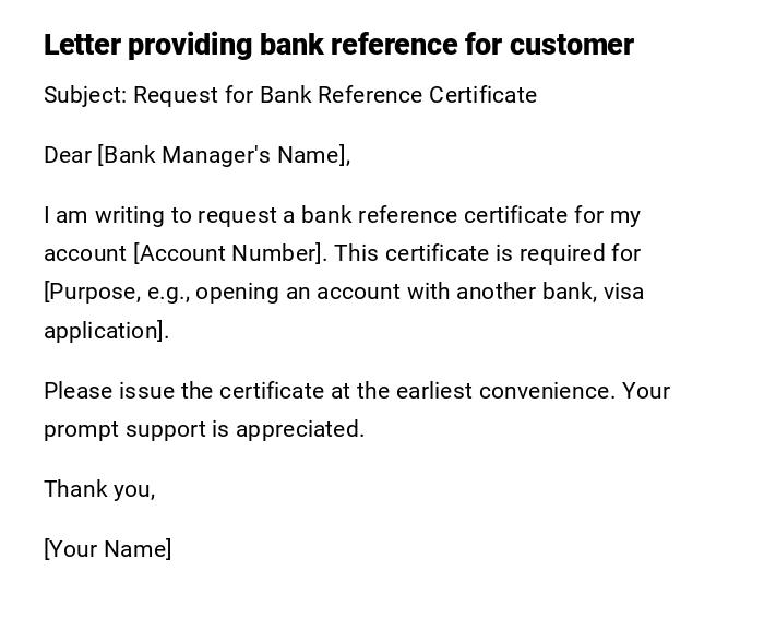 Letter providing bank reference for customer