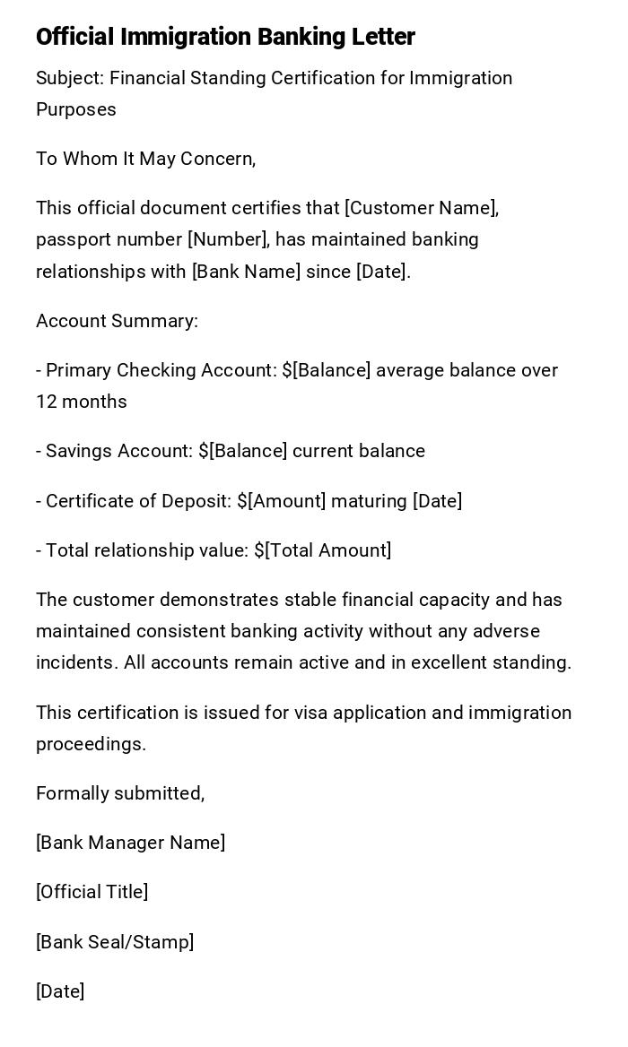 Official Immigration Banking Letter