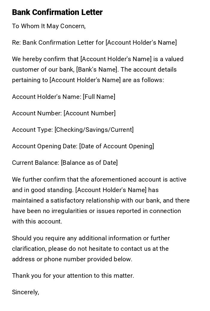 Bank Confirmation Letter Bank Confirmation Letter