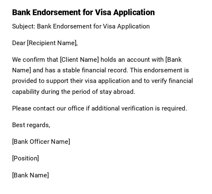 Bank Endorsement for Visa Application