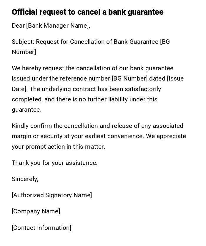 Official request to cancel a bank guarantee
