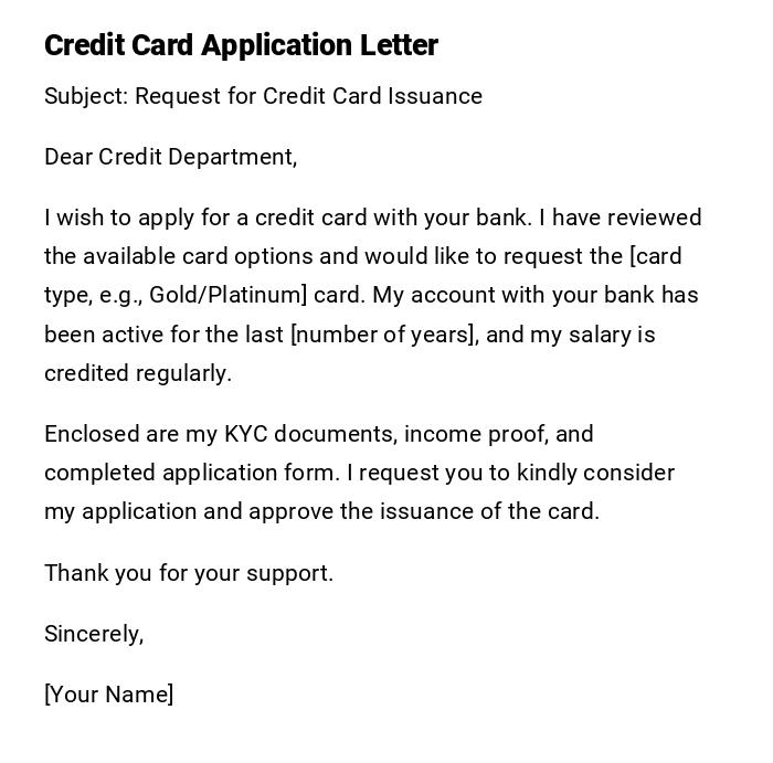 Credit Card Application Letter Credit Card Application Letter