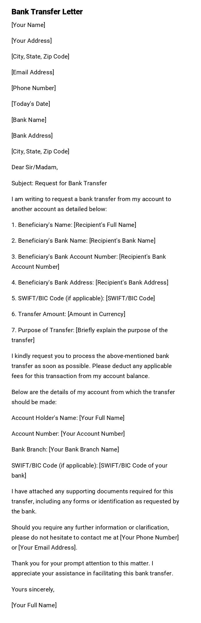 Bank Transfer Letter