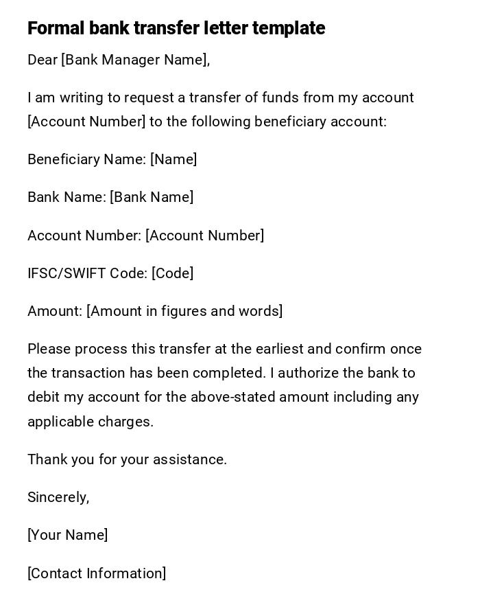Formal bank transfer letter template