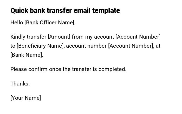 Quick bank transfer email template