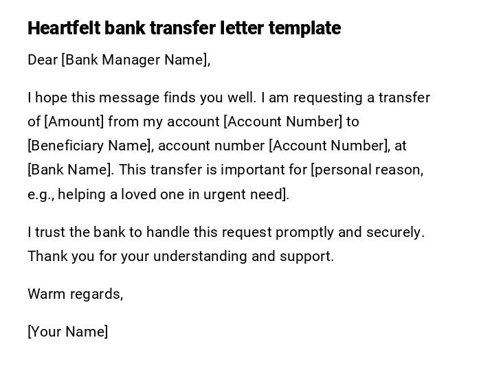 Heartfelt bank transfer letter template
