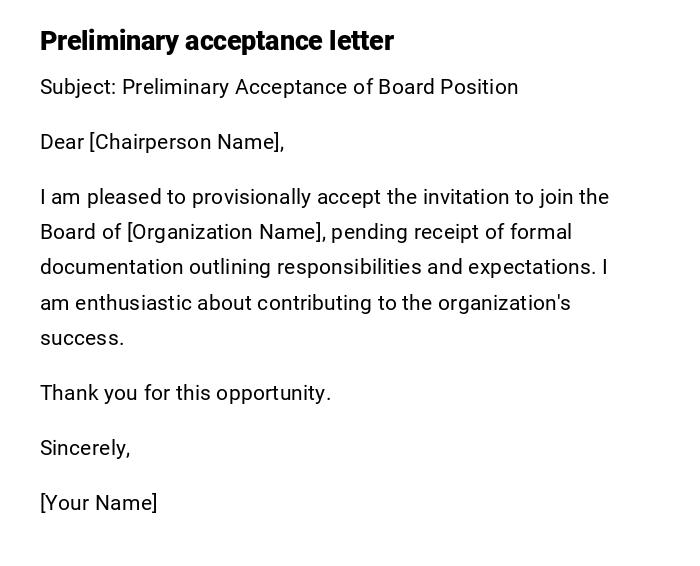 Preliminary acceptance letter