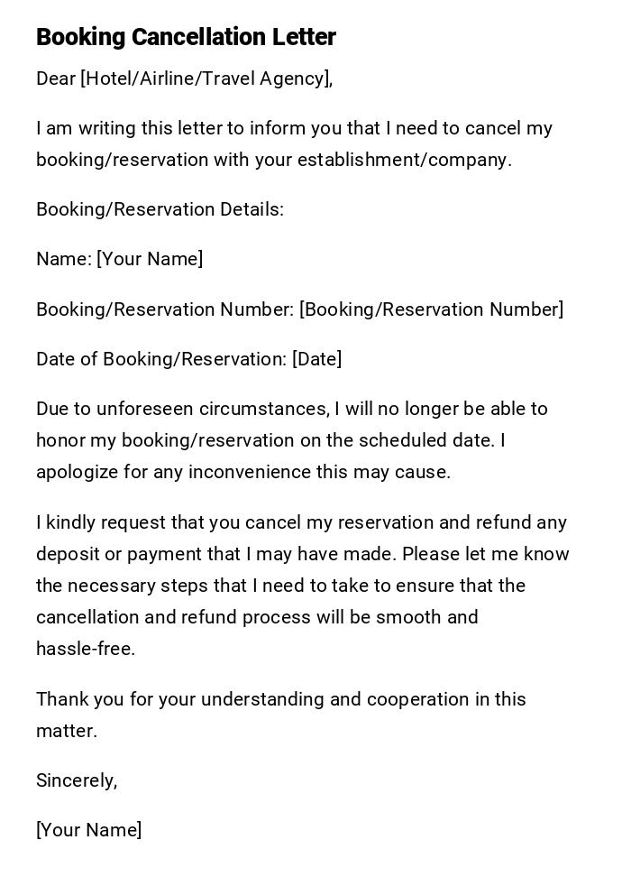 Booking Cancellation Letter Booking Cancellation Letter