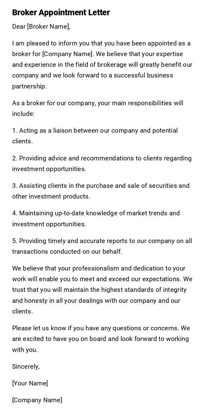 Broker Appointment Letter Broker Appointment Letter