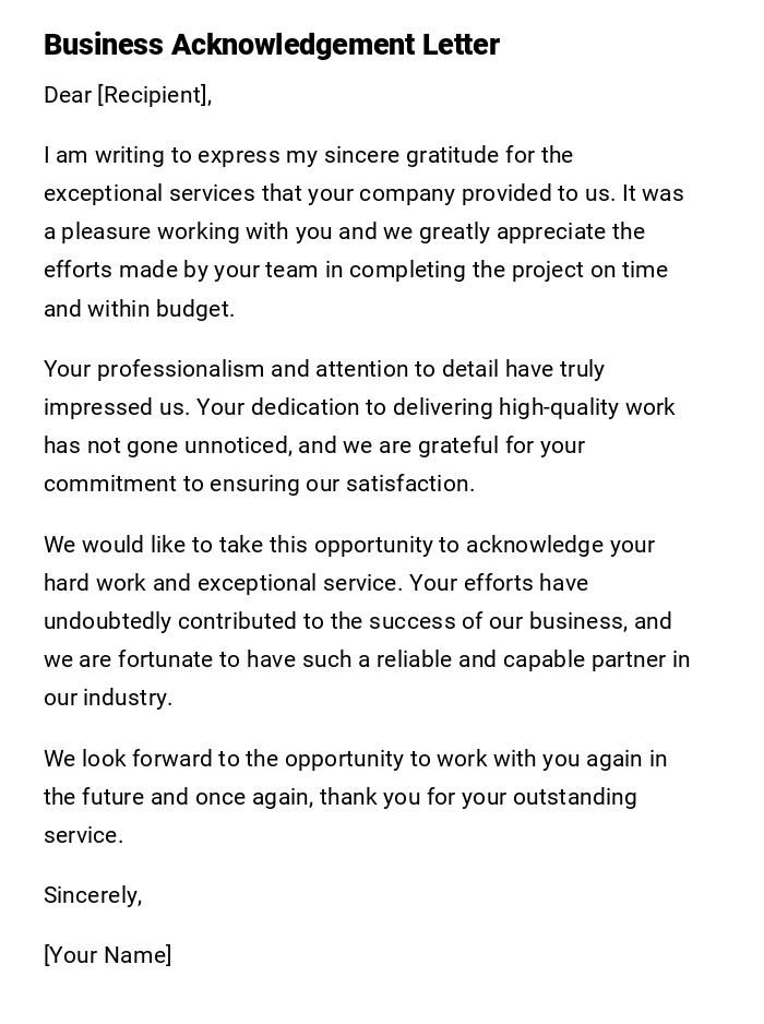 Business Acknowledgement Letter Business Acknowledgement Letter