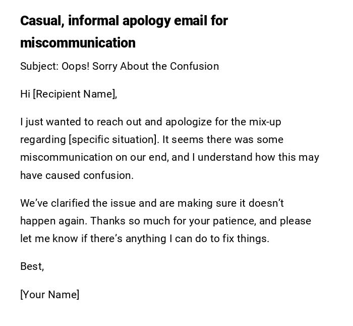 Casual, informal apology email for miscommunication