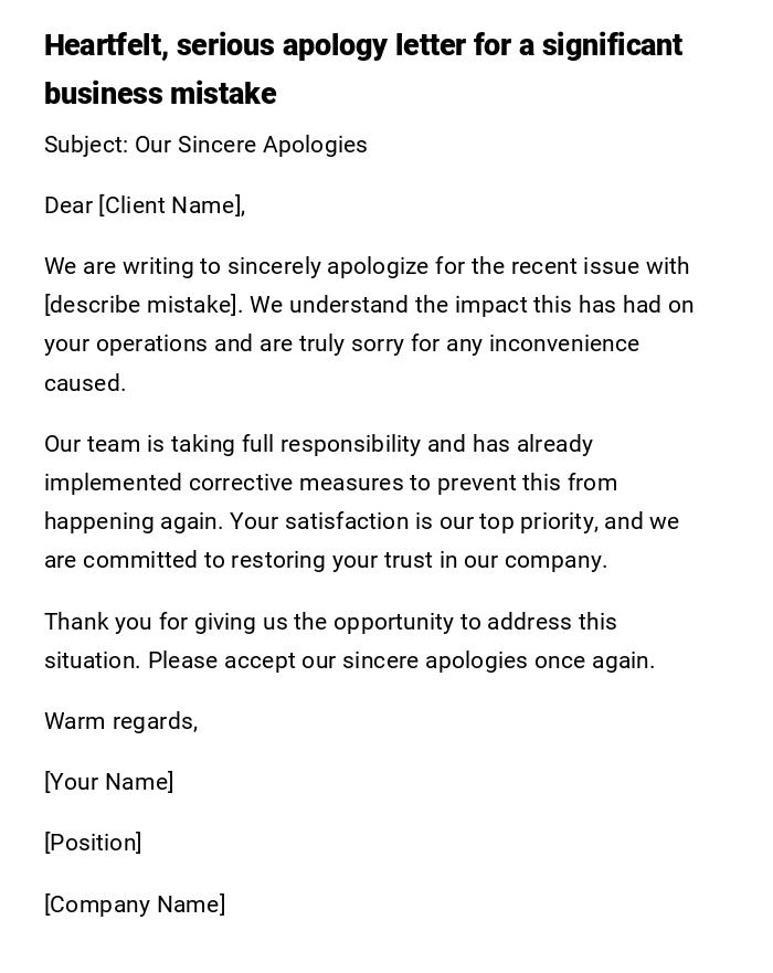 Heartfelt, serious apology letter for a significant business mistake
