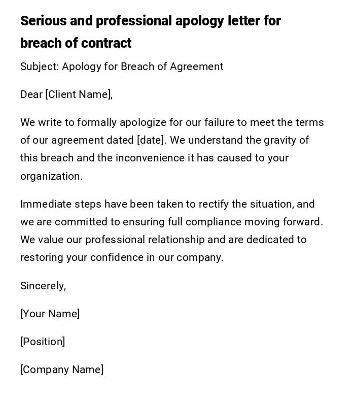 Serious and professional apology letter for breach of contract