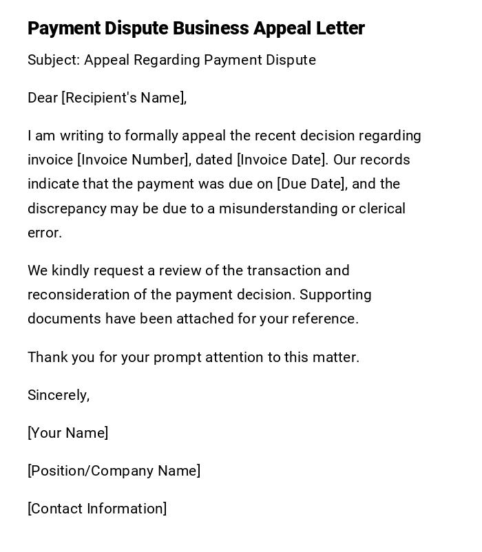 Payment Dispute Business Appeal Letter