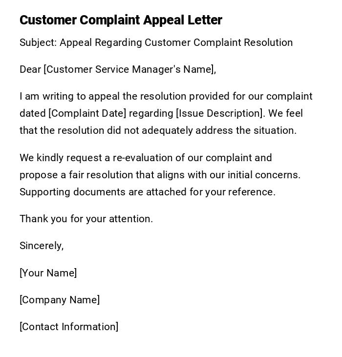 Customer Complaint Appeal Letter