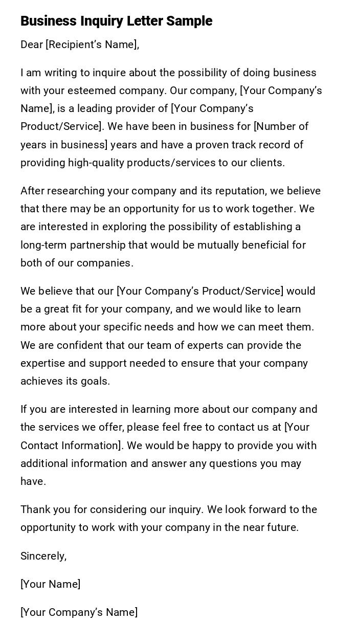 Business Inquiry Letter Sample Business Inquiry Letter Sample