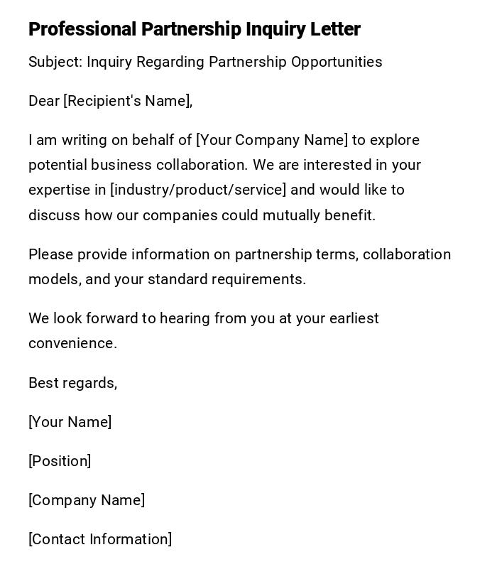 Professional Partnership Inquiry Letter Professional Partnership Inquiry Letter