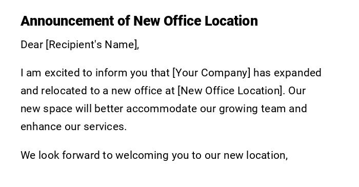Announcement of New Office Location