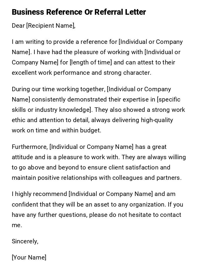 Business Reference Or Referral Letter Business Reference Or Referral Letter
