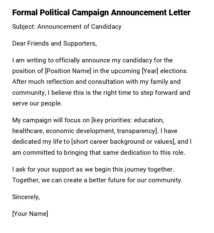 Formal Political Campaign Announcement Letter