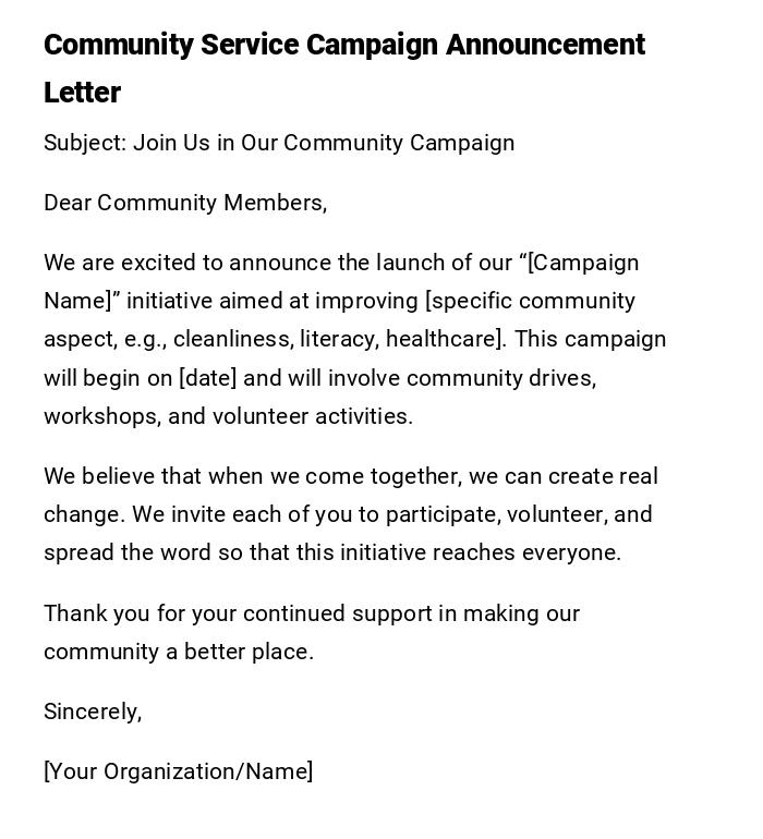 Community Service Campaign Announcement Letter
