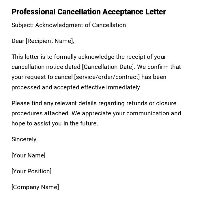 Professional Cancellation Acceptance Letter