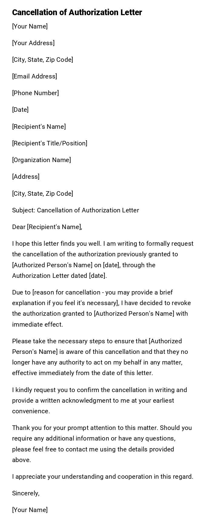 Cancellation of Authorization Letter