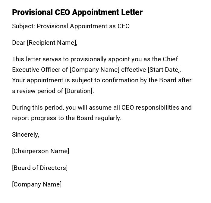 Provisional CEO Appointment Letter