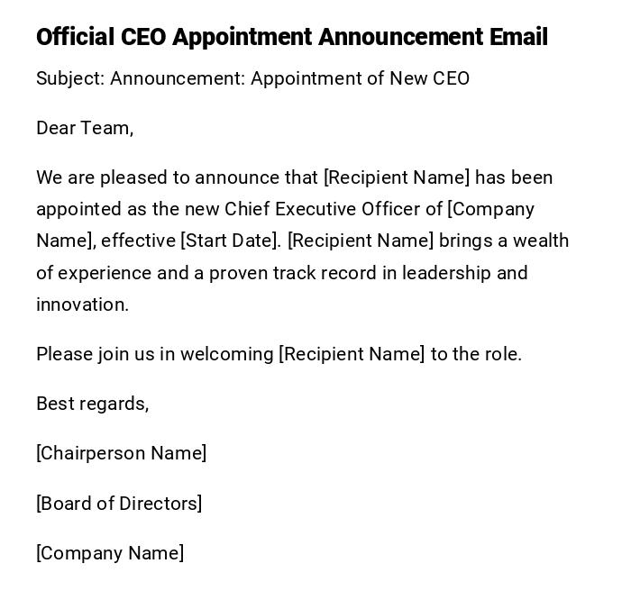 Official CEO Appointment Announcement Email