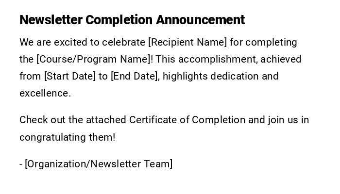 Newsletter Completion Announcement