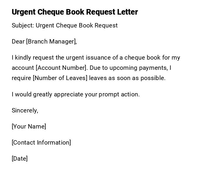 Urgent Cheque Book Request Letter