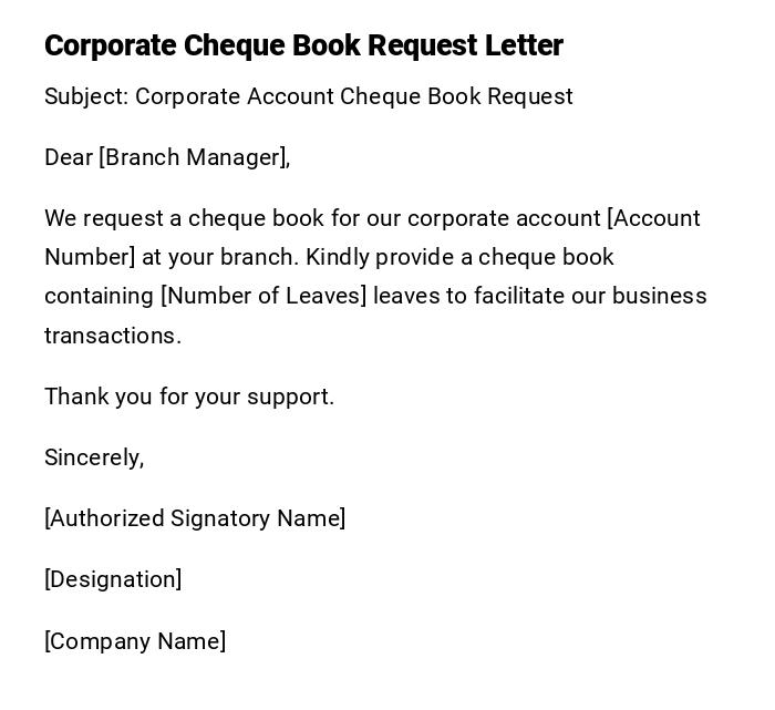 Corporate Cheque Book Request Letter