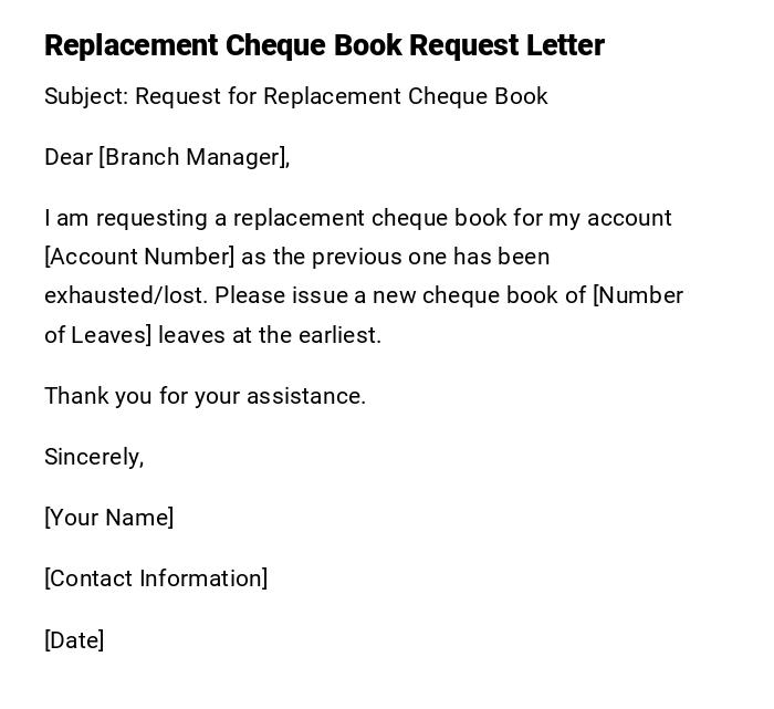 Replacement Cheque Book Request Letter
