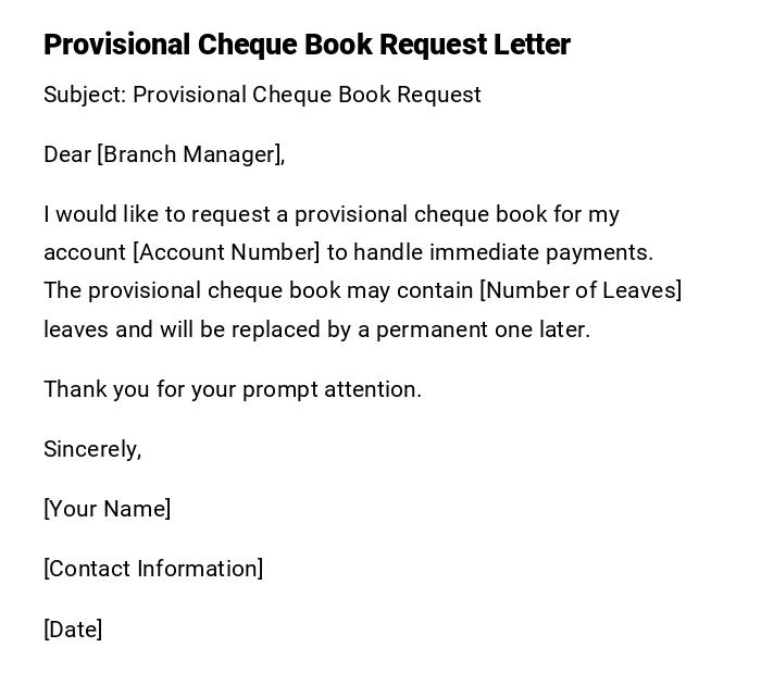 Provisional Cheque Book Request Letter