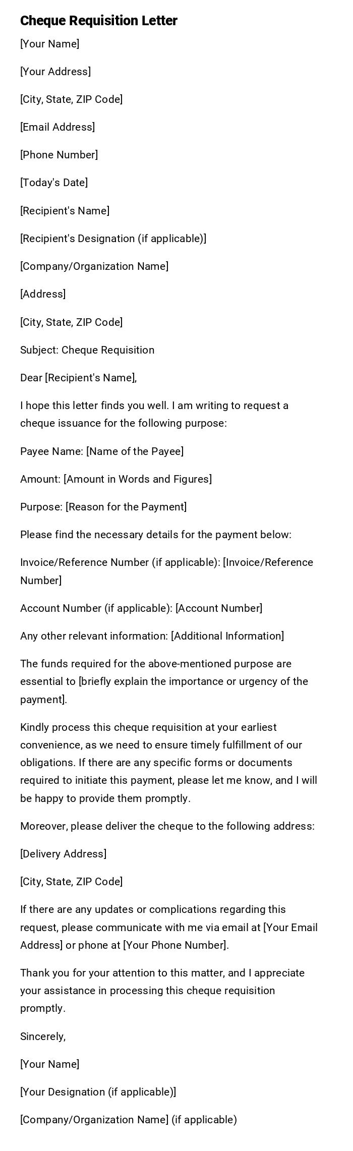 Cheque Requisition Letter Cheque Requisition Letter