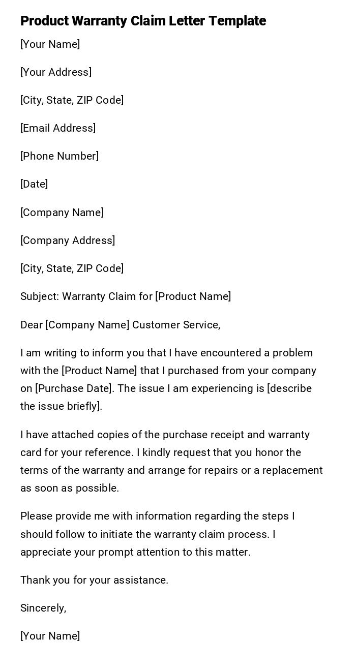 Product Warranty Claim Letter Template Product Warranty Claim Letter Template