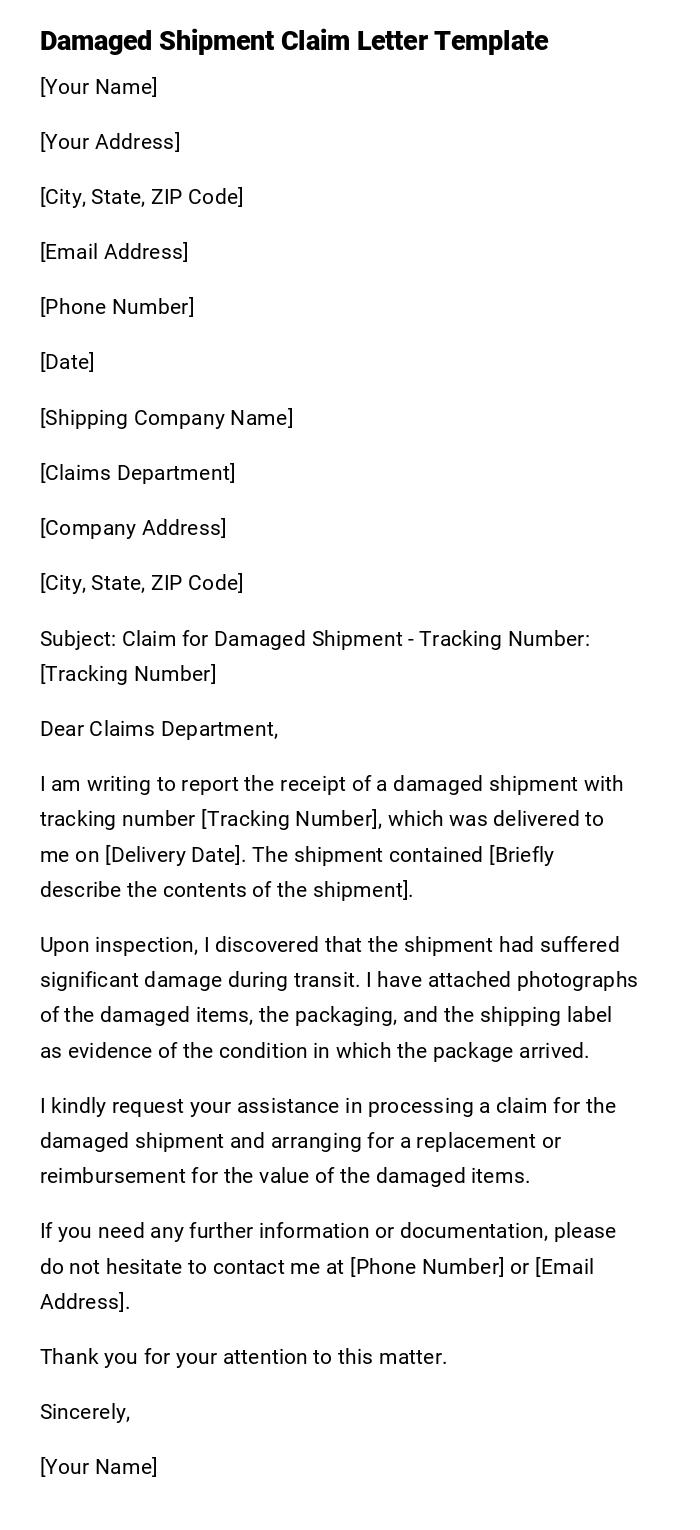 Damaged Shipment Claim Letter Template Damaged Shipment Claim Letter Template